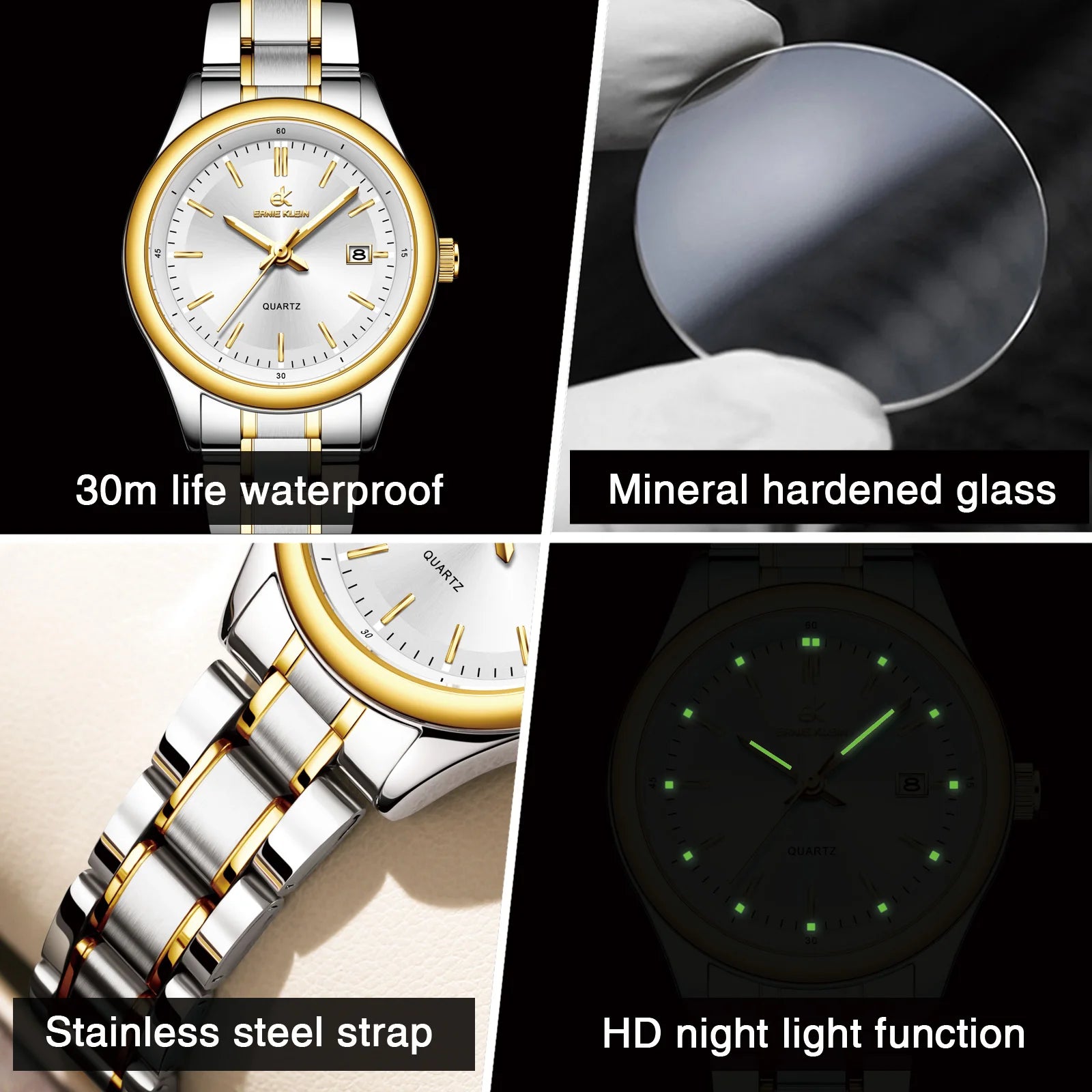 ERNIE KLEIN Women’s Watch Luxury Gold Watch OriginalDate Week Stainless Steel Waterproof Luminous Elegant Dress Ladies' Watches
