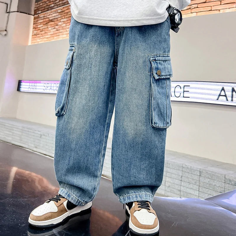 Boys Wide Leg Cargo Jeans 5-14 Years Spring Autumn Fashion Casual Streetwear Kids Retro Trendy Straight Loose Fit Sweatpants