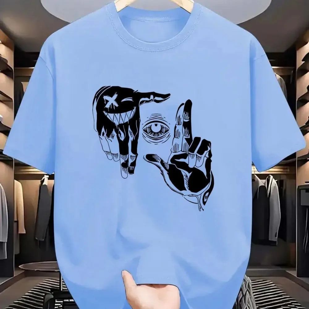 2025 Summer Men's Polyester Casual Breathable Round Neck T-shirt with Gesture Eye Personalized Pattern Printed Outdoor Top