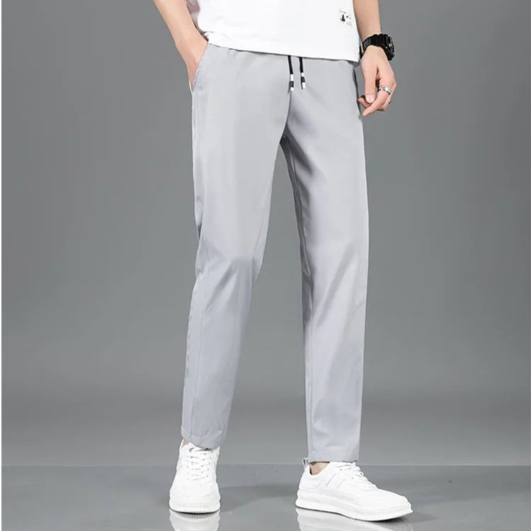 Summer Ice Silk Men's Pants Black Gray Thin Business Casual Pants Plus Size Outdoor Elastic Breathable Straight Leg Sweatpants