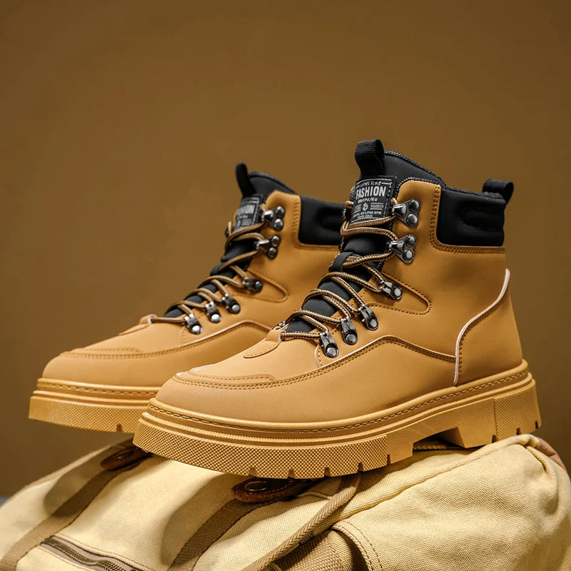 New Men's Leather Boots Brand Retro Comfortable Boots for Men 2025 Fashion High Top Non Slip Casual Shoes Business Work Shoes