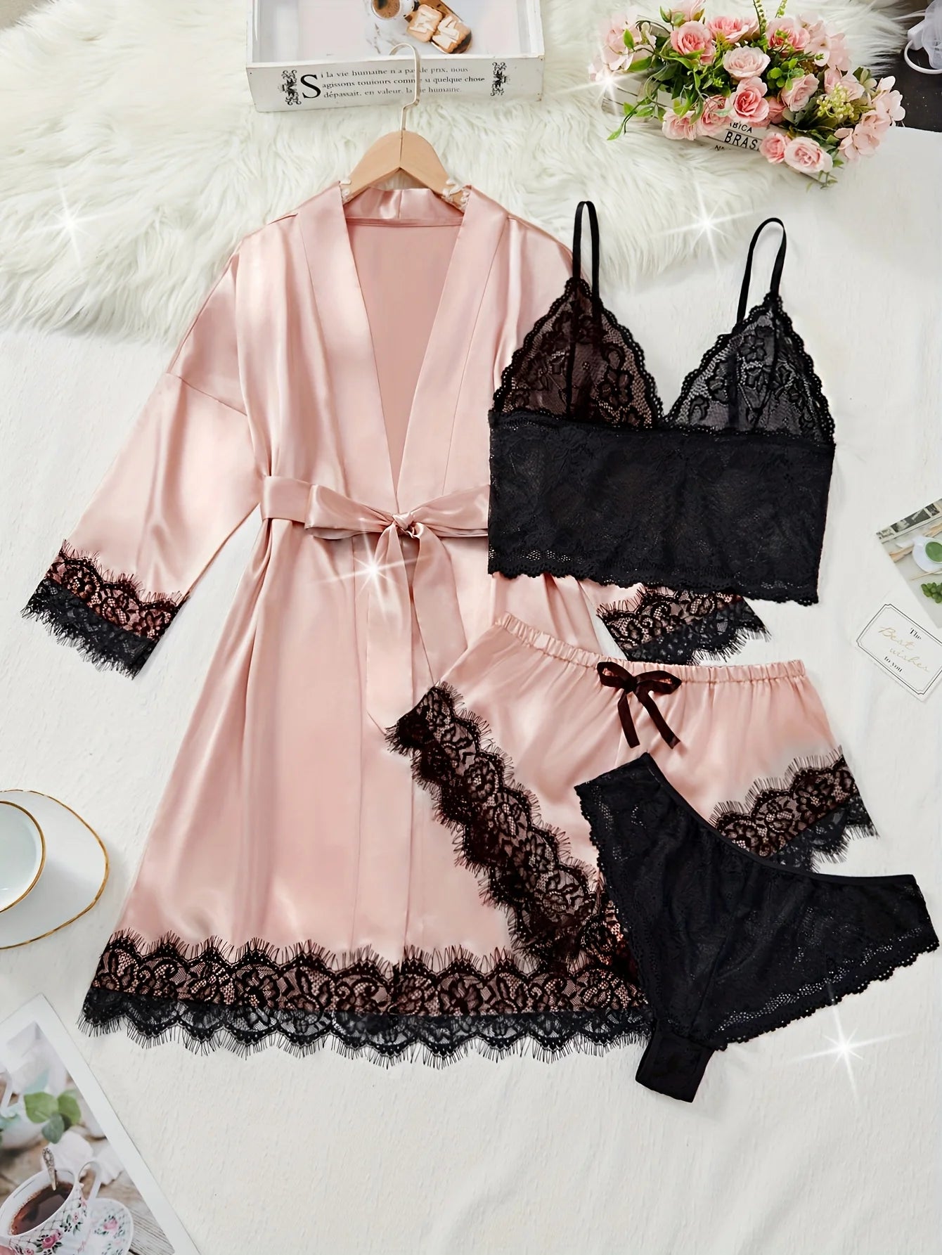 New Fashion Robe Lingerie Set Black Lace Bralette Thong Shorts Women's Luxury Sleepwear Nightwear Elegant Sexy Gift Bridal