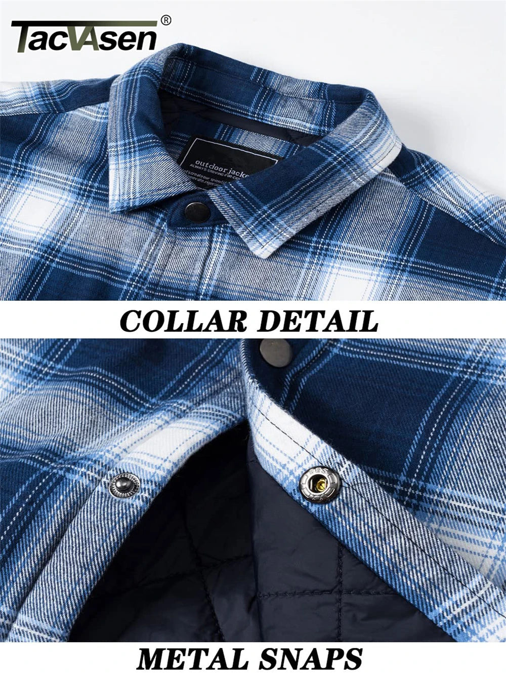 TACVASEN Winter Plaid Cotton Jackets Mens Long Sleeve Quilted Lined Flannel Shirt Jacket Multi-Pockets Outwear Hiking Coats Tops