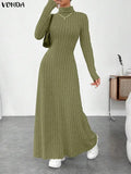 VONDA Women Turtleneck Sweater Dresses Autumn Long Sleeve Knitted Maxi Vestidos Elegant Office Streetwear Solid Party Robe Femme