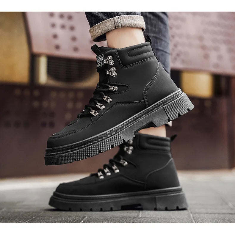 New Men's Leather Boots Brand Retro Comfortable Boots for Men 2025 Fashion High Top Non Slip Casual Shoes Business Work Shoes