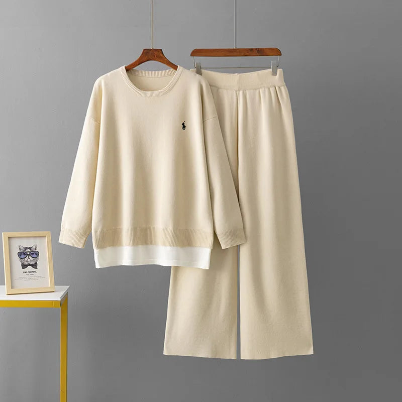 Spring Autumn Women Fashion Casual Suit New  Version Round Neck Loose Fake Two-piece Sweater Wide-leg Pants Two-piece Set