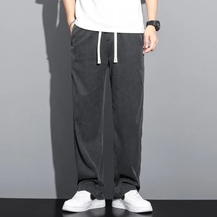 High Quality Summer Lyocell Fabric Men's Jeans Thin Straight Pants Drawstring Elastic Waist Korea Casual Trousers Plus Size