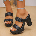 Women High Heels Sandals Fashion Weave Thick Heel Slippers Square Toe Summer Casual Ladies Slides Slip on Beach Sexy Shoes Woman