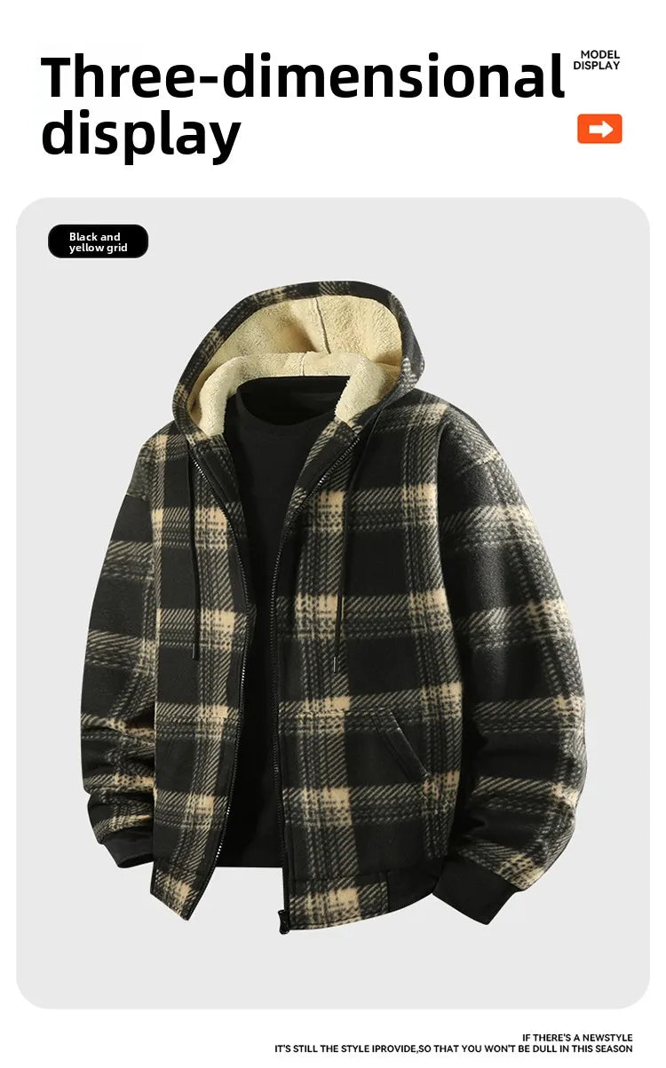 Men's New Plaid Hooded Jacket Sweater Autumn/Winter Fleece Coat Thickened Warm Casual Clothing Windproof Outerwear