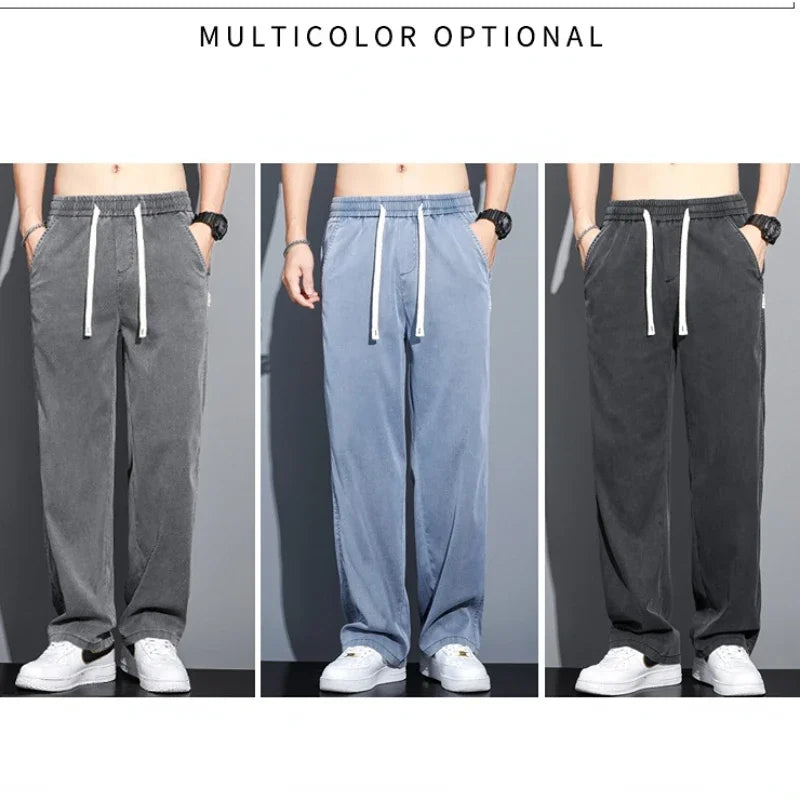 High Quality Summer Lyocell Fabric Men's Jeans Thin Straight Pants Drawstring Elastic Waist Korea Casual Trousers Plus Size