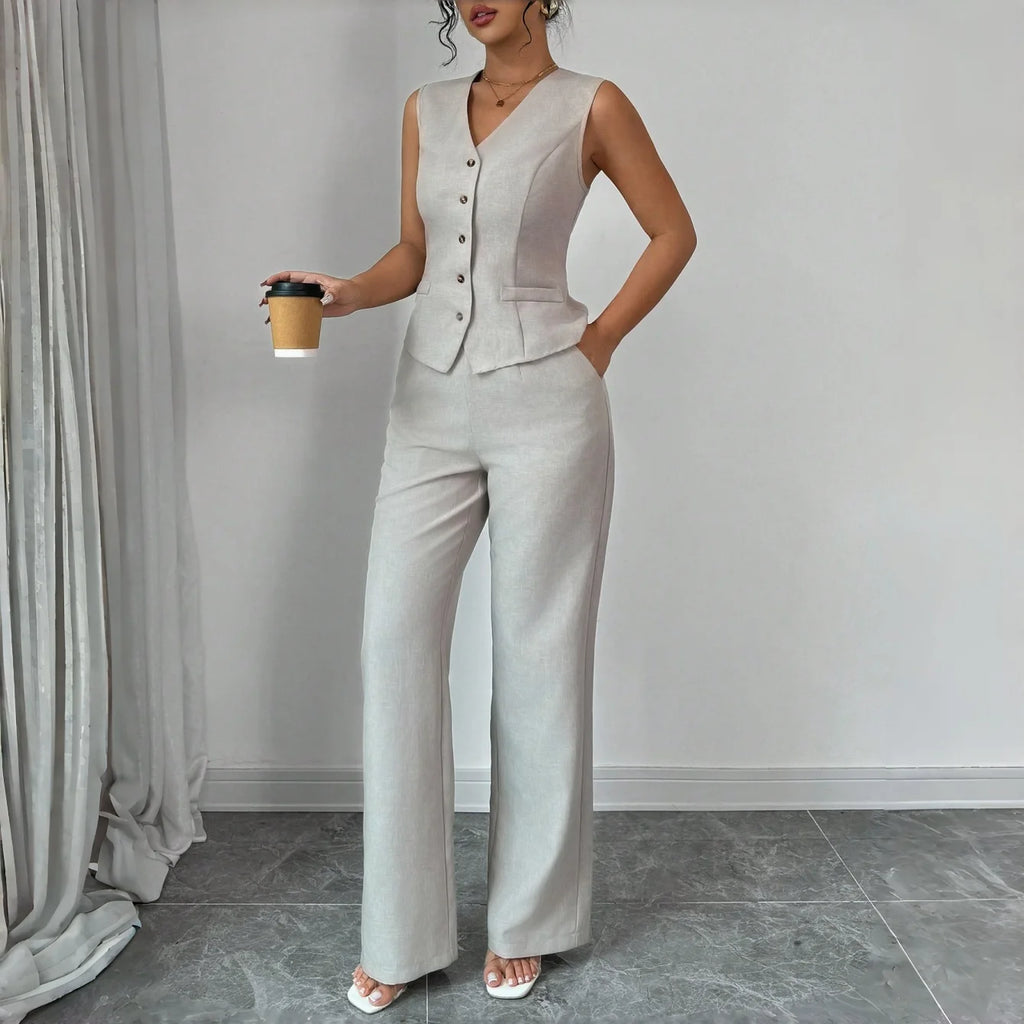 Spring Summer New Women Suit Two Piece Set Retro V Neck Single Breasted Waist Vest Wide Leg Pants Casual Commuter Outfit