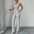Spring Summer New Women Suit Two Piece Set Retro V Neck Single Breasted Waist Vest Wide Leg Pants Casual Commuter Outfit