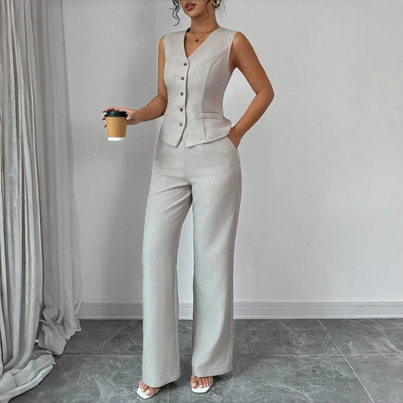 Spring Summer New Women Suit Two Piece Set Retro V Neck Single Breasted Waist Vest Wide Leg Pants Casual Commuter Outfit