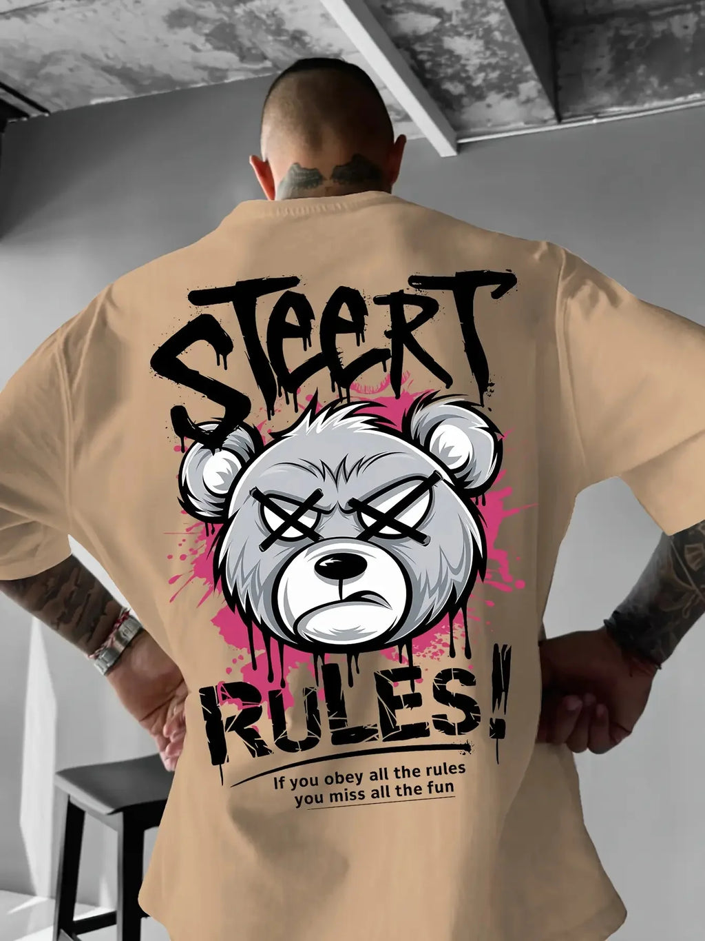 Summer Men's New Angry Bear Letter Printed Comfortable and Breathable Round Neck T-shirt Outdoor Street Versatile Top