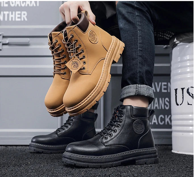 New autumn men shoes boots High Top Fashion Motorcycle Leather Shoes Outdoor leisure comfortable Boots male Lace-Up Botas