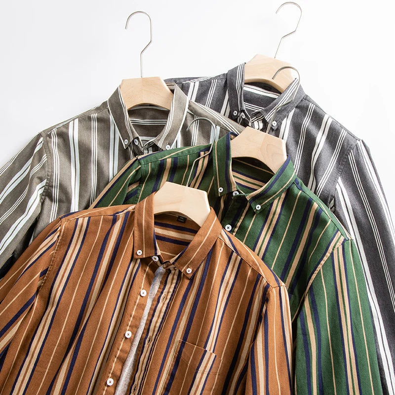 Men Cotton Oxford Striped Casual Long Sleeve Shirts New Fashion Businessman Office Daily Classic Men Top Clothing Dress Regular