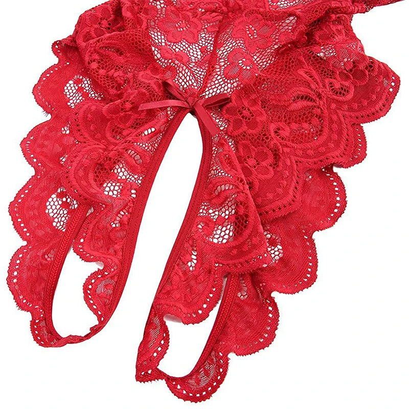 Transparent Sexy Lingerie Women's Pajamas Erotic Costume Lace Deep V Open Bra Crotchless Nightwear Female Porn Pajama Sets