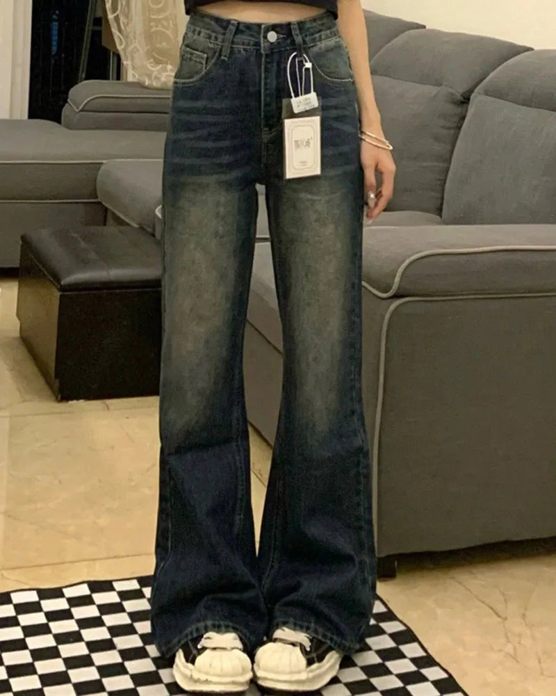 Retro Micro Denim Pants Women Jeans Straight Fit Spring-autumn Style Pear-shaped Figure Large Size High Waist Slimming Effect