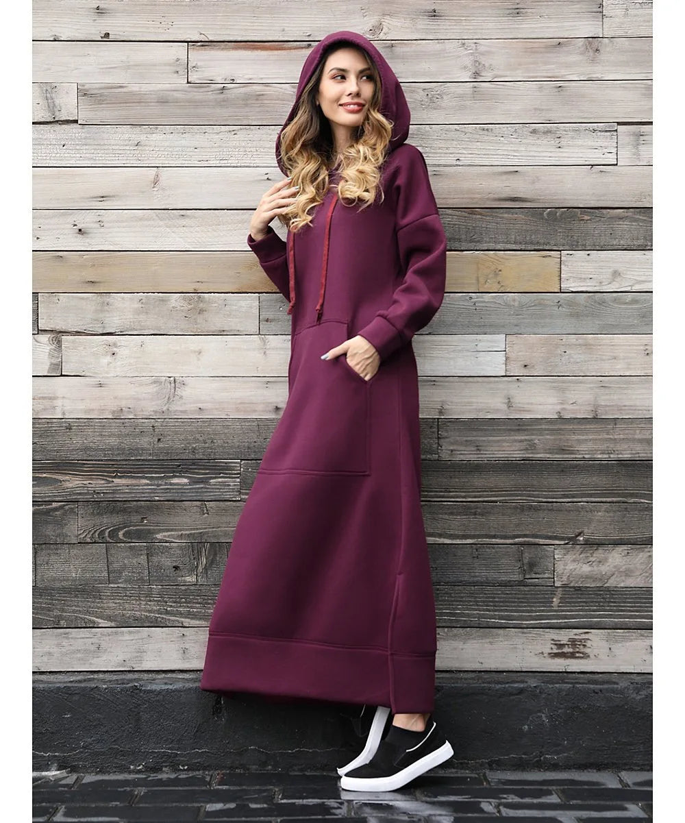 Autumn Winter New plus Size Loose Knitted Long Dress Hoodie Fleece Casual Fashion Dress Large Pocket Skirt Elegant Commute
