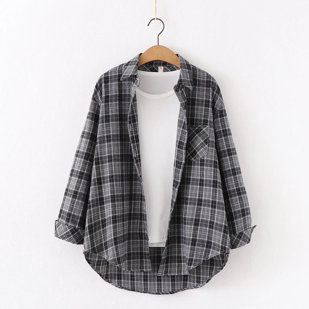 Fresh Flannel Plaid Shirt Women 2025 New Female Blouses and Tops Cotton Loose Long Sleeve Casual Shirts Fine Women's Clothes