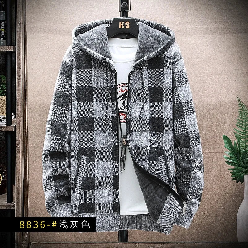 Men's Hooded Thickened Fleece Knitwear Casual Outerwear Winter Warm Plaid Cardigan Coat Large Size Comfortable Street Style