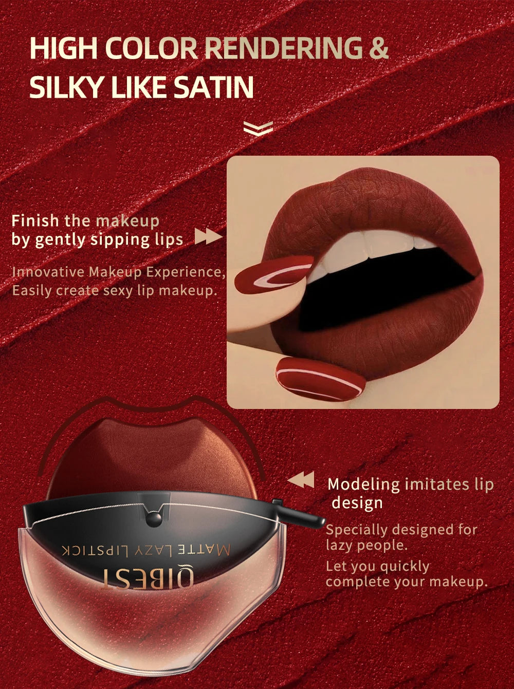 Lip-shaped lipstick seal Sip into makeup lazy blush lipstick Matte makeup effect Moisturizing lip gloss Waterproof non-stick cup