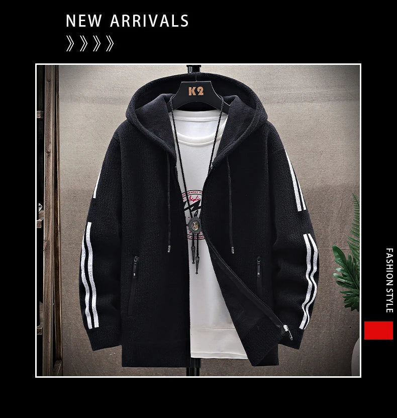 Mens Fashion Sweater Cardigan Fleece Lined Hood Sweaters Jacket Retro Sweaters Coat Zipper Up Knit Cardigans