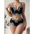 Two-Tone Color Block Floral Lace Wire-Free Bra and Panty Set, V-Neck Fitted Halter Neck Hollow-Out Top and Panties