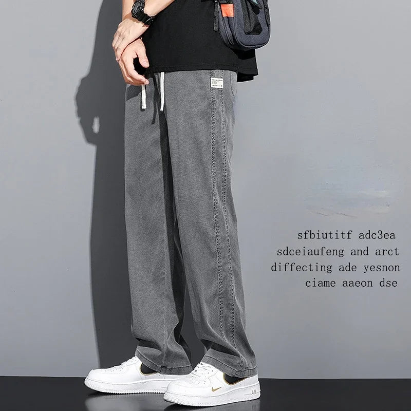 High Quality Summer Lyocell Fabric Men's Jeans Thin Straight Pants Drawstring Elastic Waist Korea Casual Trousers Plus Size