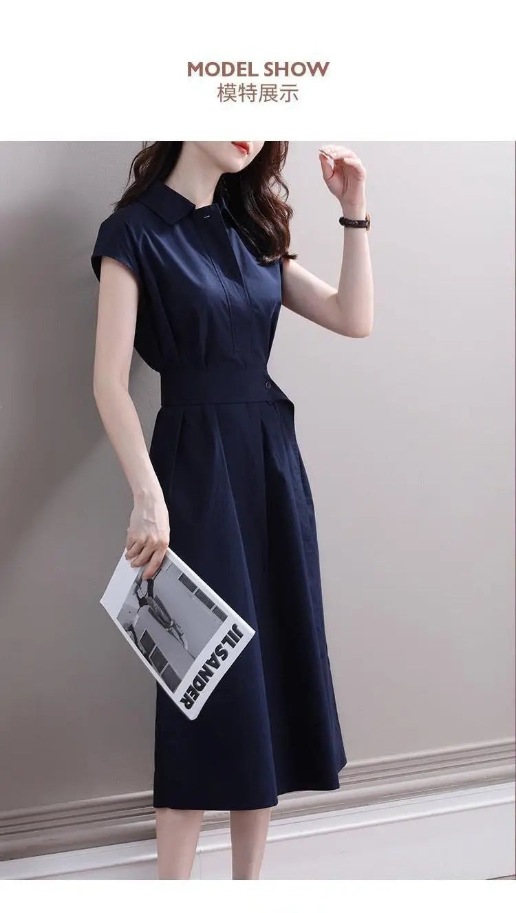 Summer New Elegant Fashion Polo-neck Shirring Waist A-line Dresses Ladies Short Sleeve Temperament Simple Dress Robe Vestidos