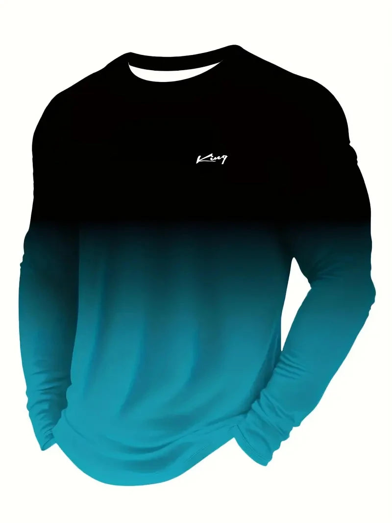 Spring Autumn Men Long Sleeve Round Gradient Color T Shirt Men Clothes Sport Pullover T Shirt 100% Polyester Breathable Tops