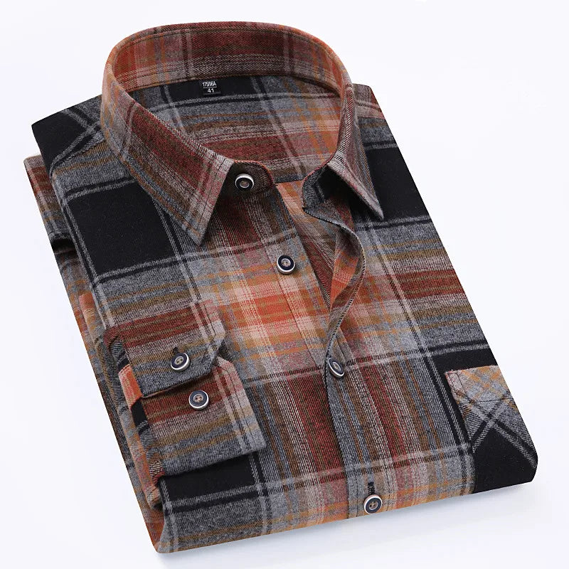 Men's 100% Pure Cotton Flannel Soft Regular-fit Long Sleeve Brushed Shirt Single Pocket Comfortable Casual Plaid Shirts 11XL-9XL