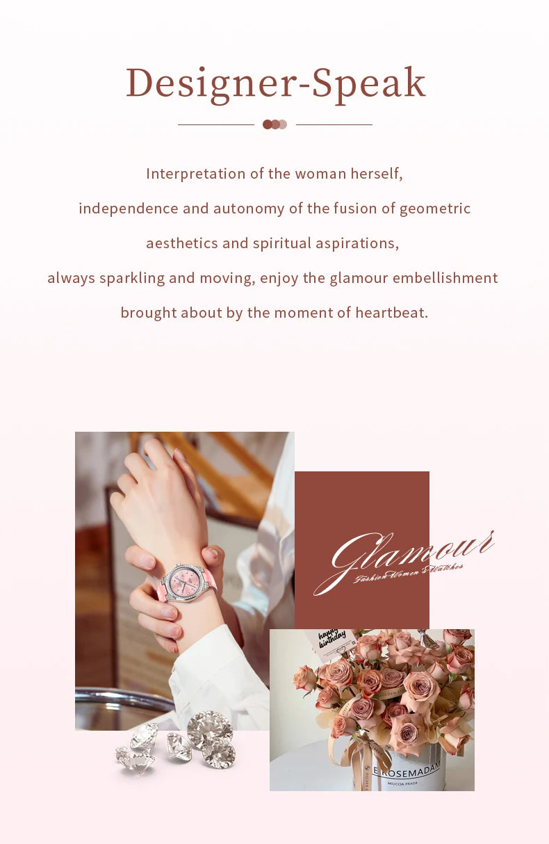 OLEVS NEW Women's Watches Pink Leather Strap Full Diamond New Style Date Waterproof Original Quartz Watch for Girl Fashion