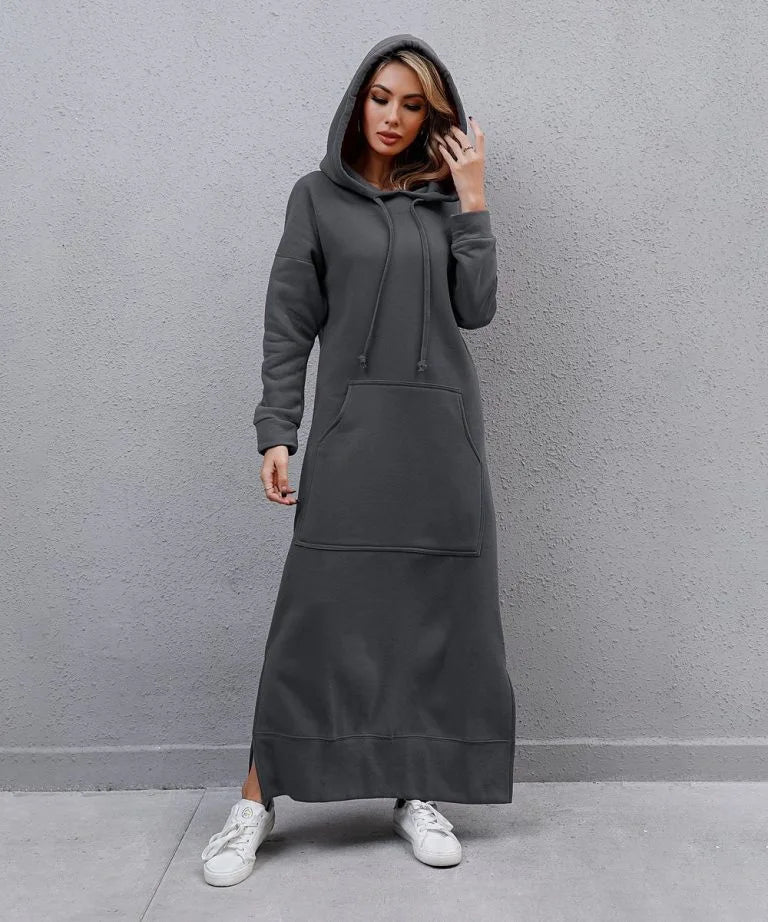 Autumn Winter New plus Size Loose Knitted Long Dress Hoodie Fleece Casual Fashion Dress Large Pocket Skirt Elegant Commute