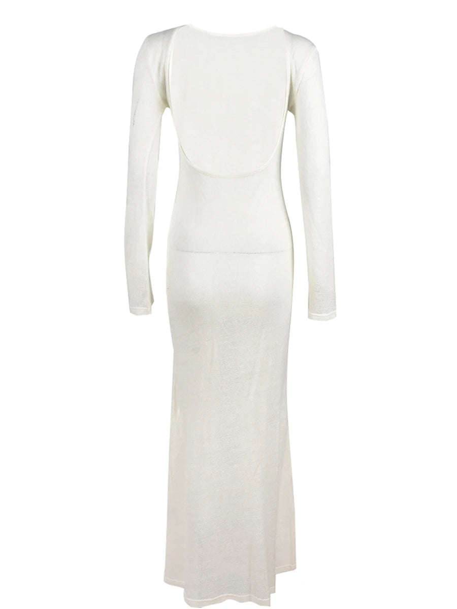 Women Wrapped Dress, Long Sleeve Round Neck See Through Sunscreen Solid Color Backless Beach Long Dress