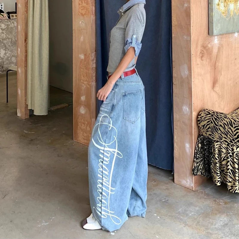 Women Blue Y2k Baggy Boyfriend Jeans Harajuku Vintage Wide Leg Denim Trousers Japanese 2000s Style Jeans Pants Oversize Clothes