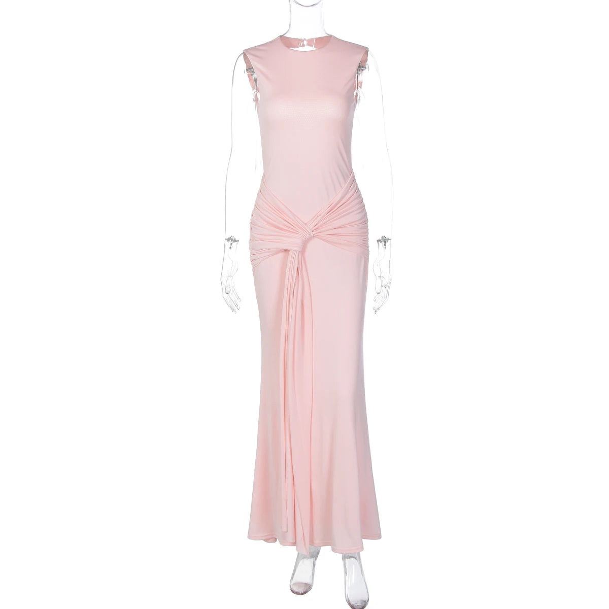 Dulzura O-Neck Sleeveless Backless Ruched Slim Ribbon Long Dress Women Solid Sexy Elegant Clothes Party Club Prom Summer Clothes