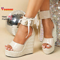 Designer Ankle Wrap Strap Lace-up Europe and America Women Sandals 14.5CM Wedges Heels Summer Weave Platform Sexy Runway Shoes