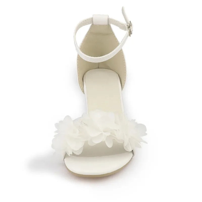 White Women Heels Flower Sandals Summer Wedding Shoes Bride Shoes Black Thick Heels Party Shoes Fashion Open Toe Women Pumps