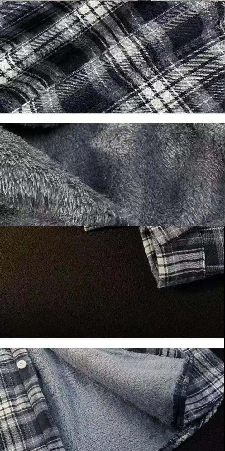 Men's Fleece Shirt Winter Thickened Long Sleeve Warm Shirts Black White Plaid Casual Button with Pocket All Matching Tops Coats