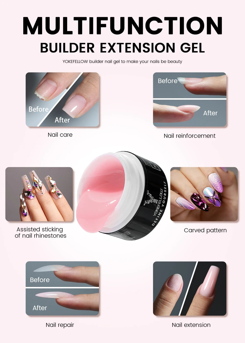 YOKEFELLOW 15g Jelly Extension Gel Nail Polish Nude Pink Clear Building Construct Extend Gel Soak Off UV LED Acrylic Gel Varnish