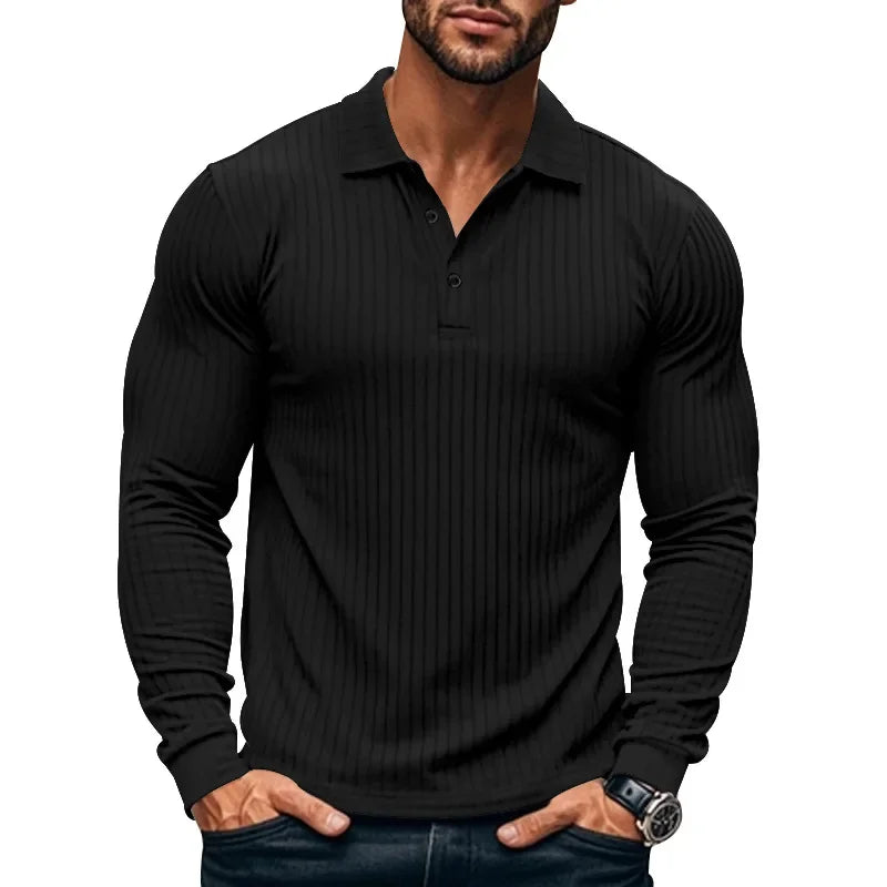 Men's Autumn  Classic Casual  Elastic Pit Strip Polo ShirtAmerican  Lapel Button-up Long-Sleeved T-shirt