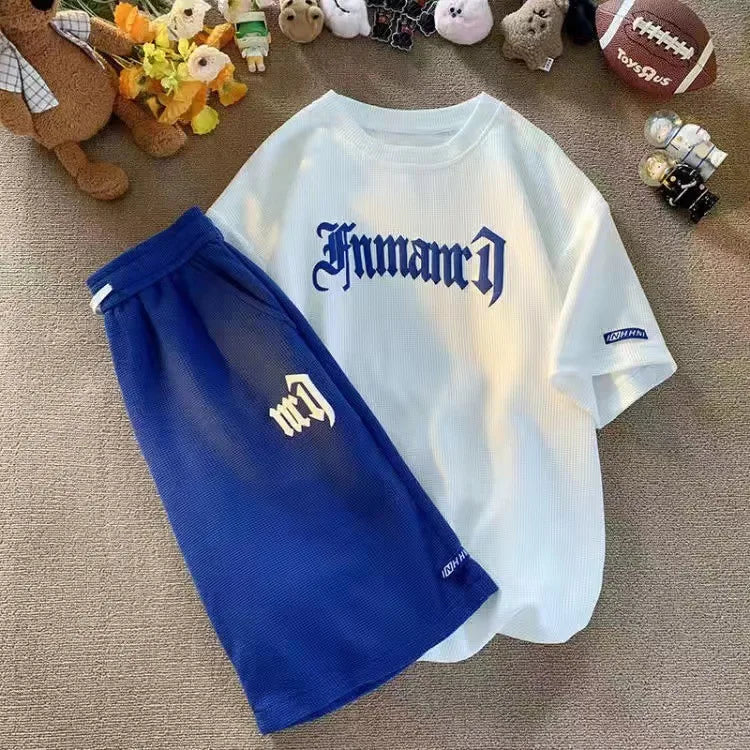 Cross-border Waffle Casual Summer Ice Silk Short-sleeved Sports Clothes Set Men's T-shirt Men's Clothing Set Matching