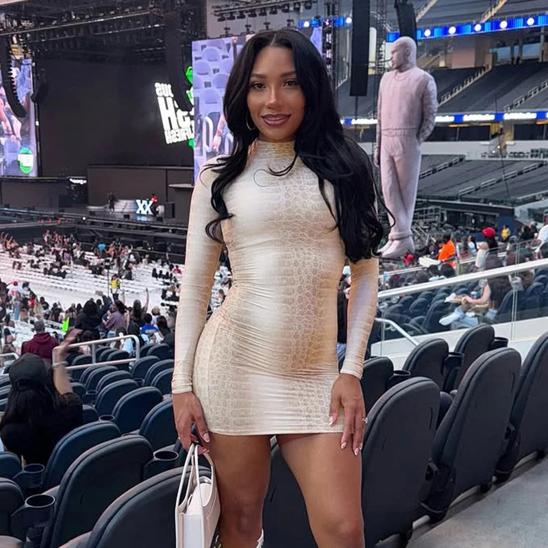 CUTENOVA Fall New Arrival Hottie Girl Long-Sleeve Fitted Snake Print Stand Collar Bodycon Mini Dress Elegant Stylish Streetwear