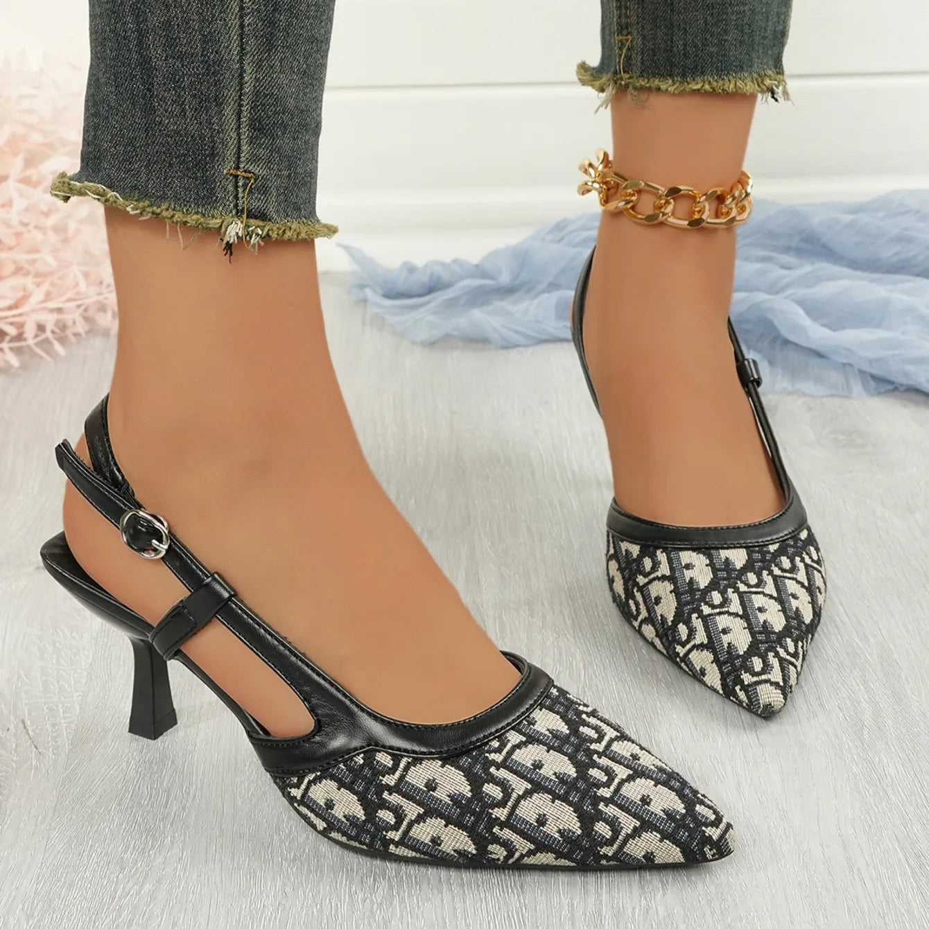 Women Sandals Satin Pointed Back Empty Women Shoes 2025 Summer One-word Buckle Sexy High Heels Women Sandalias Mujer Zapatos
