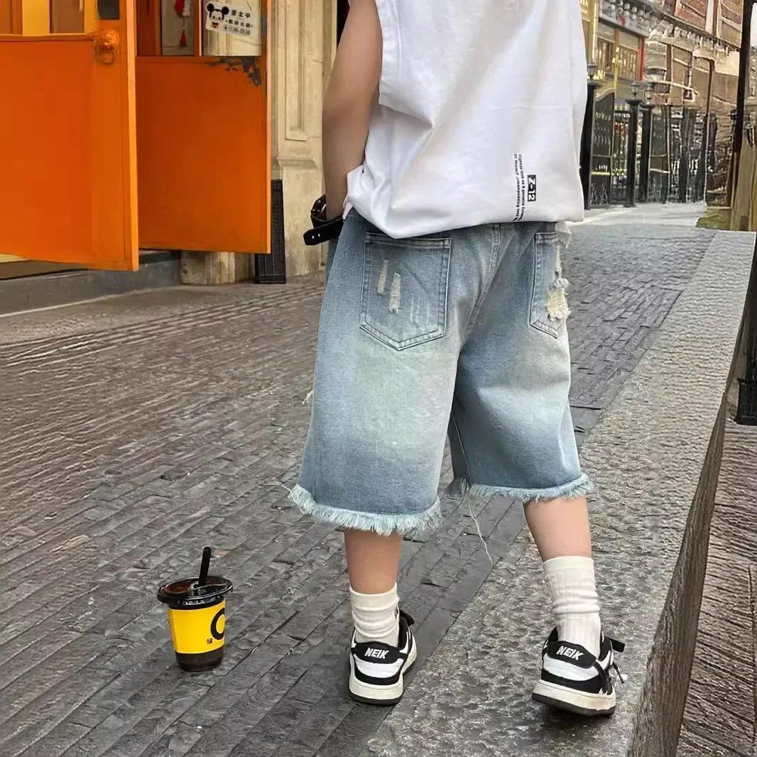 New 2025 Boys Summer Thin Denim Five-point Pants Kids Fashion Ripped Denim Shorts Trousers Teen Casual Jeans Children's Clothing