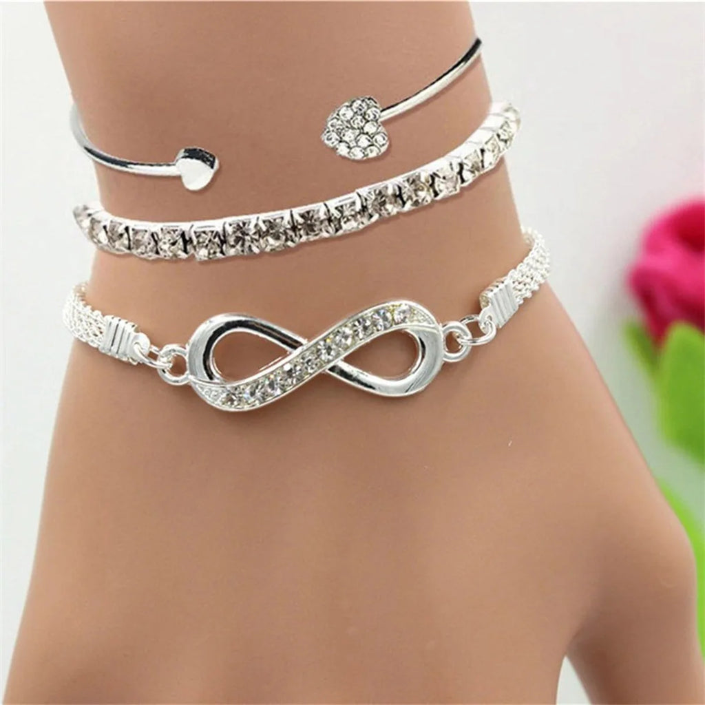 Vintage Infinity Heart Crystal Rhinestone Bracelet Set for Women Female Gold Color Metal Adjustable Bracelets Fashion Jewelry