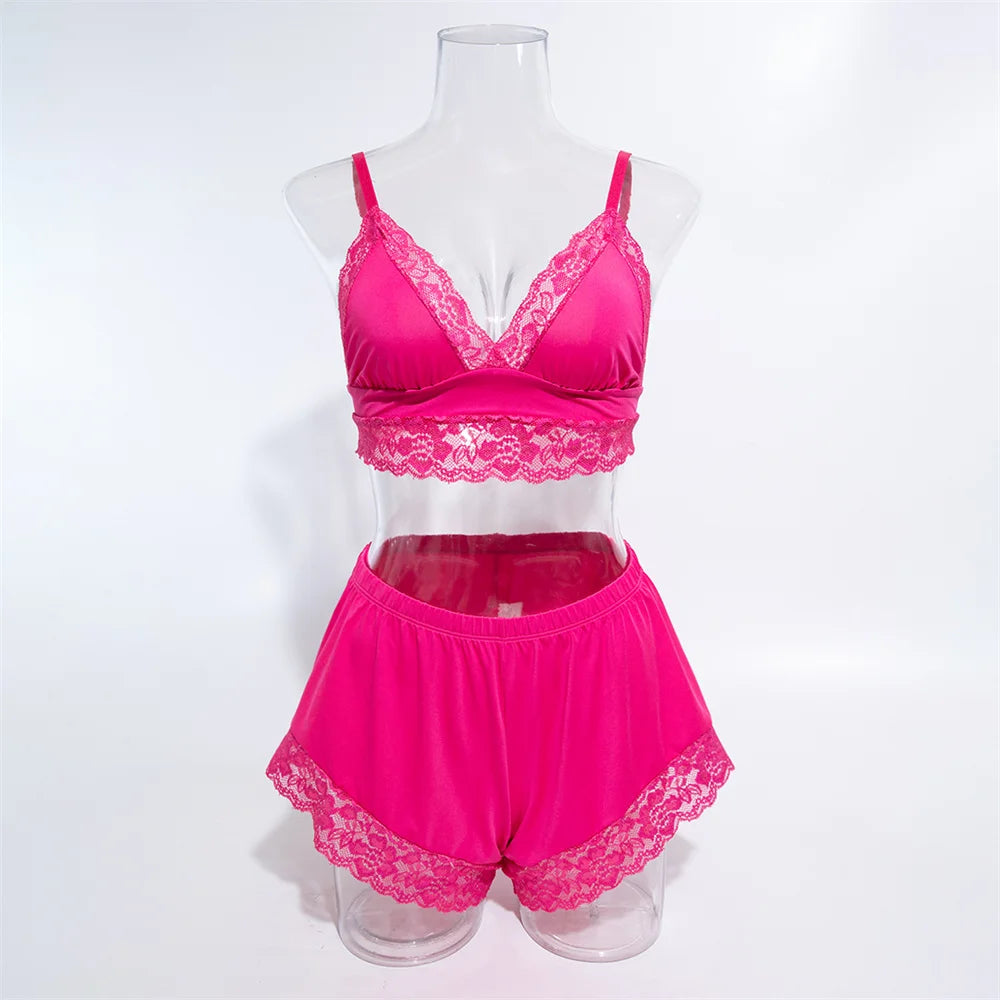 Sexy Lace Splicing Lingeries Sets Woman V Neck Spaghetti Strap Satin Bra And Shorts Pajama Set Casual Home Sleepwear Set