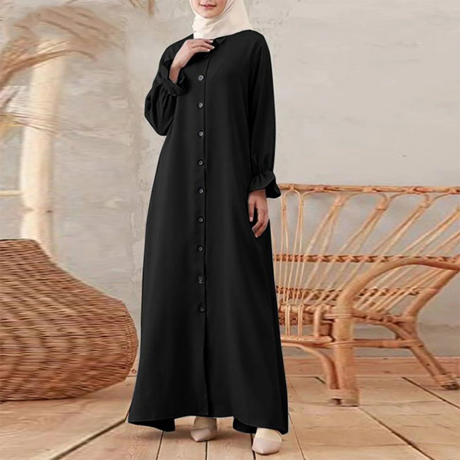 Women's Muslim Dress Long Sleeve Vintage Pullover Abaya Prayer Clothes Solid Color Cotton Linen Maxi Summer Dresses For Women
