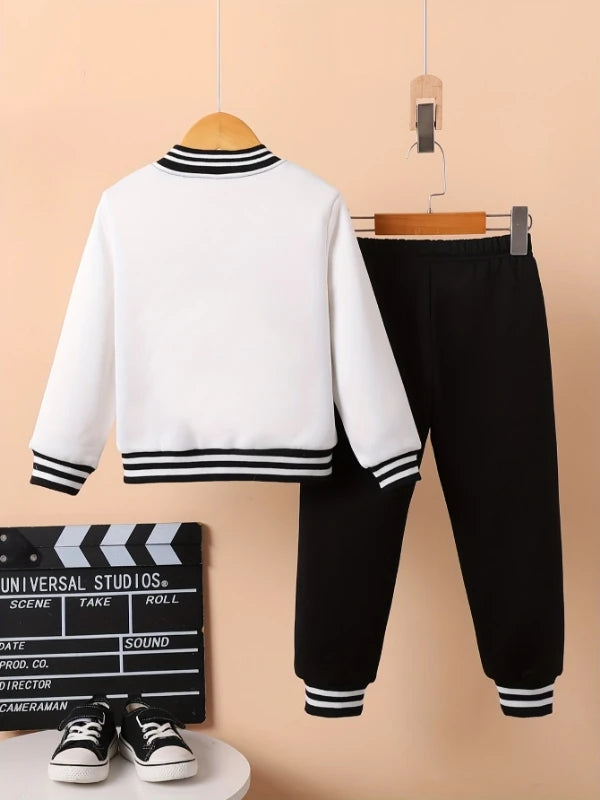 Boys' Black and White Letter "A" Varsity Jacket and Sweatpants Two-Piece Set